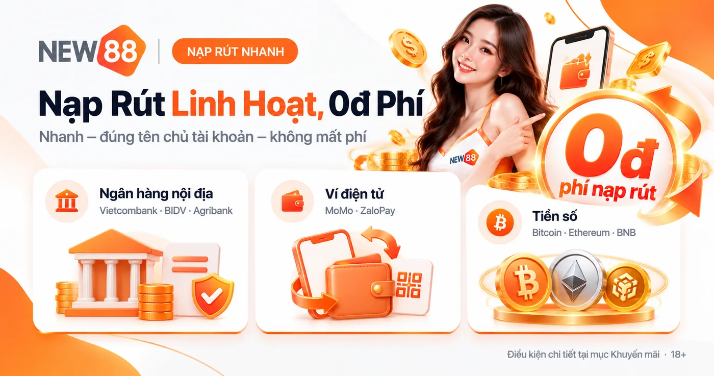 Nạp rút NEW88 qua ngân hàng, ví điện tử MoMo, ZaloPay và tiền số, 0đ phí